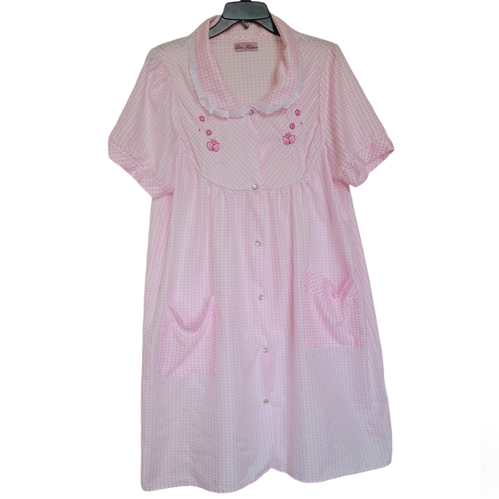 Vintage Lati Fashion Pink Check Embroidered House Dress Nightgown